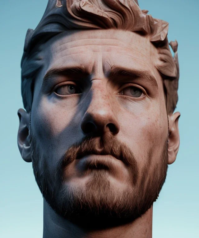 Gran angular, Realistic image, roman sculpture buste, marble deluxe material, Lionel Messi, gold Laurel leaves crown model, miguel angel style, emperador, God light, god rays, 4k resolution, smooth details, ornate details, soft lighting, unreal engine 5, soft cyan background.