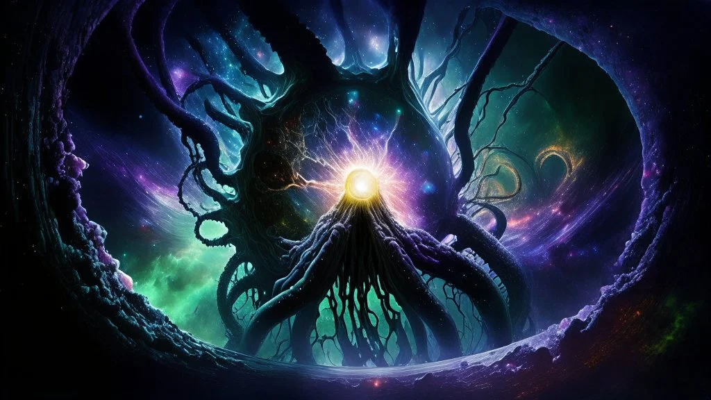 photorealistic Lovecraft Shub-Niggurath opalescent space gigantic monster, interstellar galactic particles stream event horizon, entering a quantum wormhole with great exoplanet crashing, blackhole