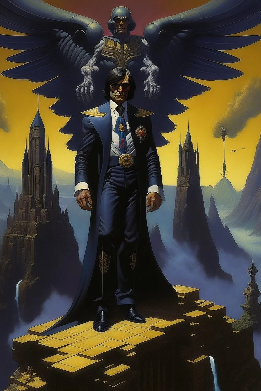 1970's dark fantasy cover dnd style oil painting of a Lacalle Pou President in sport outfits beeing judge by a Sphinix with minimalist far perspective. Magazine.