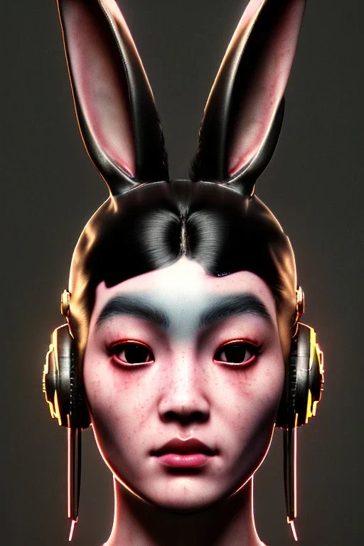 Medium Close Up Portrait, Front image. cyberpunk, rabbit mask, teenager, asian woman, cyber helmet head. Geisha dress. Pink, black, color. Mad max style. renaissance ornaments, Color background, photo studio. Front image, highly detailed, concept art, smooth, unreal engine 5, ray tracing, RTX, lumen lighting, ultra detail, volumetric lighting, 3d, finely drawn, high definition, high resolution.