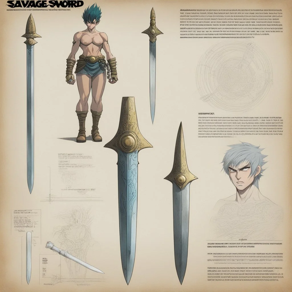 ConceptSheet: A document showing Savage Sword , the weapon of choice for Bulma, from Conan so powerful of incomprehensible power.