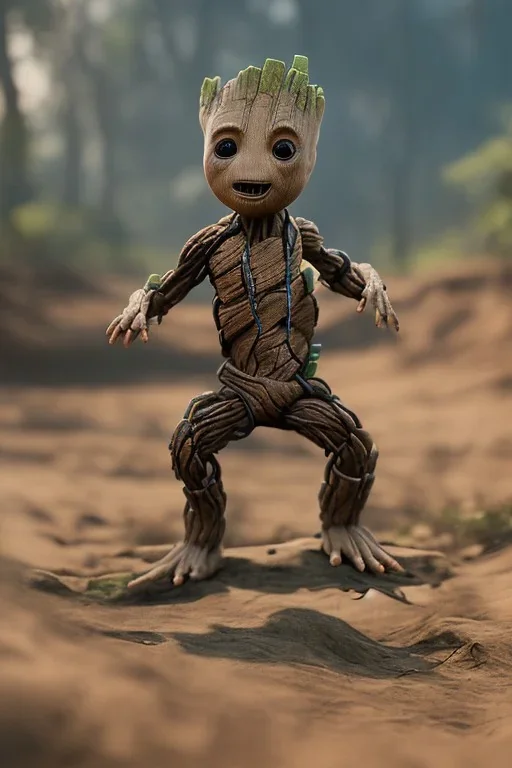 Groot toddler, full body, pilates, bokeh, hyper realistic