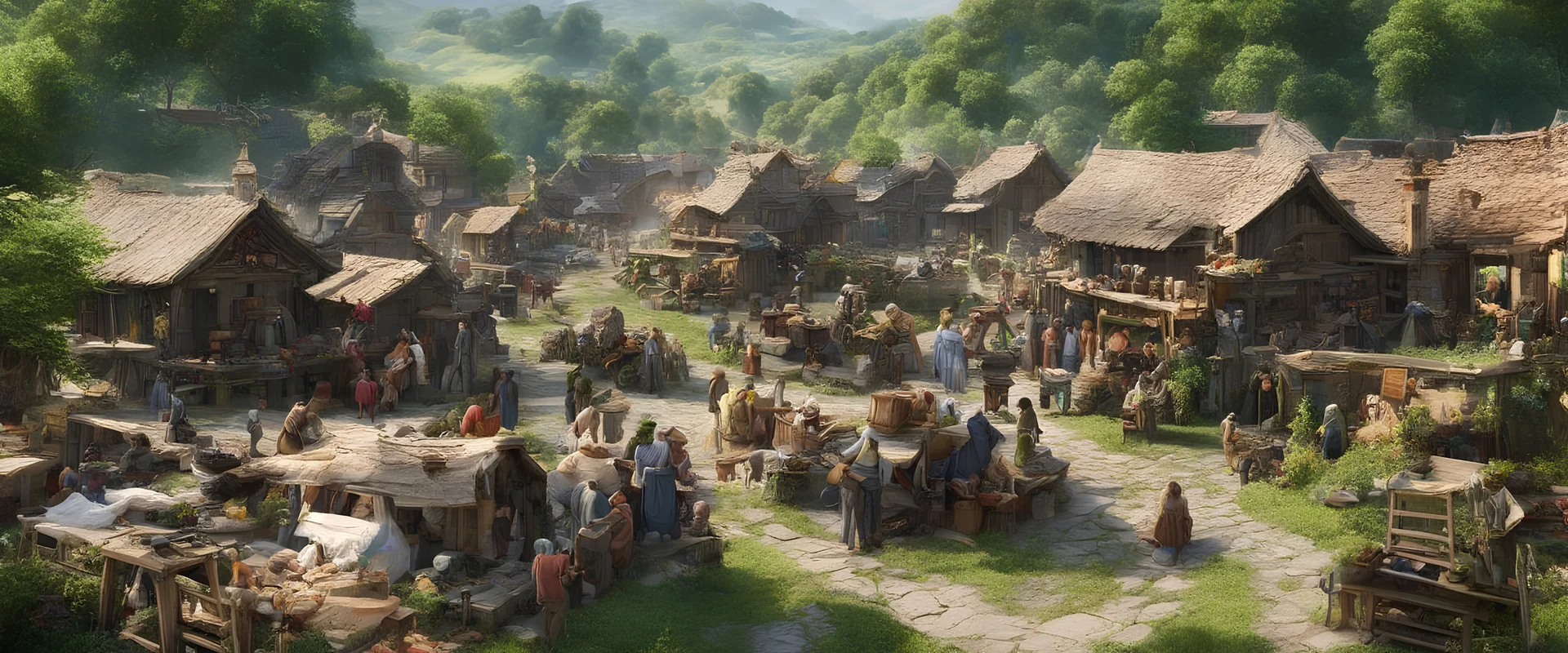 a pro-quality photo of a busy outdoor village market, with a beautiful outdoor countryside summer scene with hills & fields, intricate dwellings, many pathways, streams, waterfalls, waterwheel : very high detail, photorealistic, epic cinematic, 8K, Large depth of field