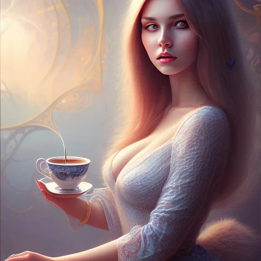 fantasy art, book cover, sexy grown up woman with cute eyes drinking tea by the mirror