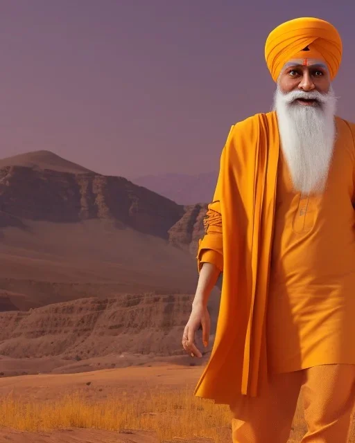 guru nanak dev ji wearing saffron clothes walking in the dessert towards Mecca