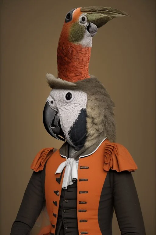 Half parrot half human in a 1700s Orange Dutch uniform in a Dutch cafe