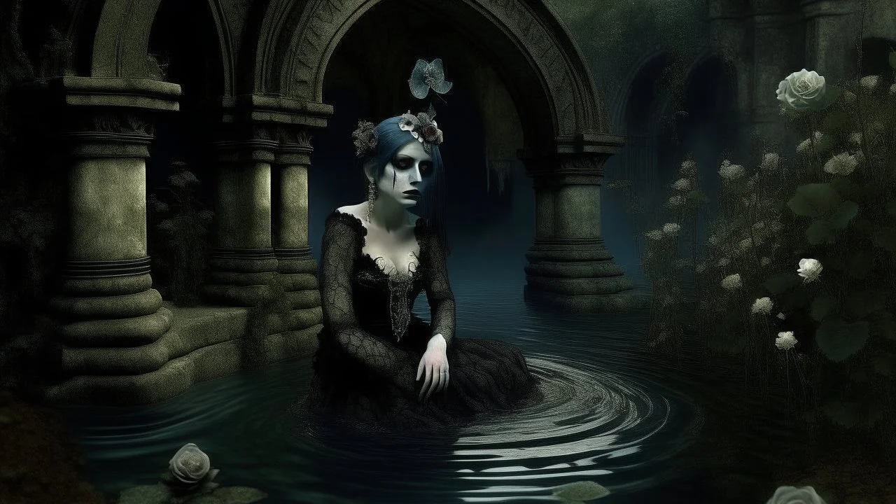 /imagine prompt: woman ninfa water, goth, digital collage --s 50 --q 4