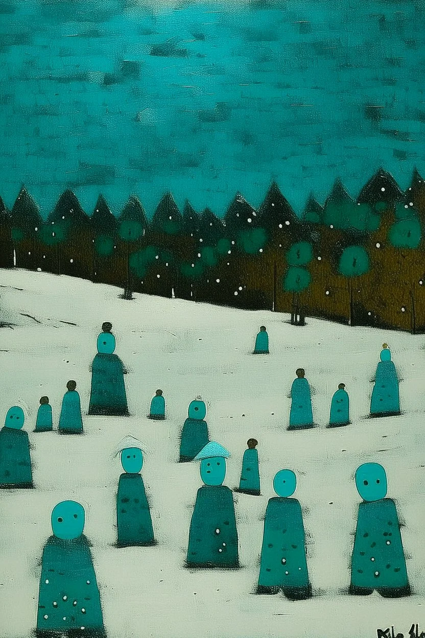 A dark teal snowfields with snowmen painted by Paul Klee