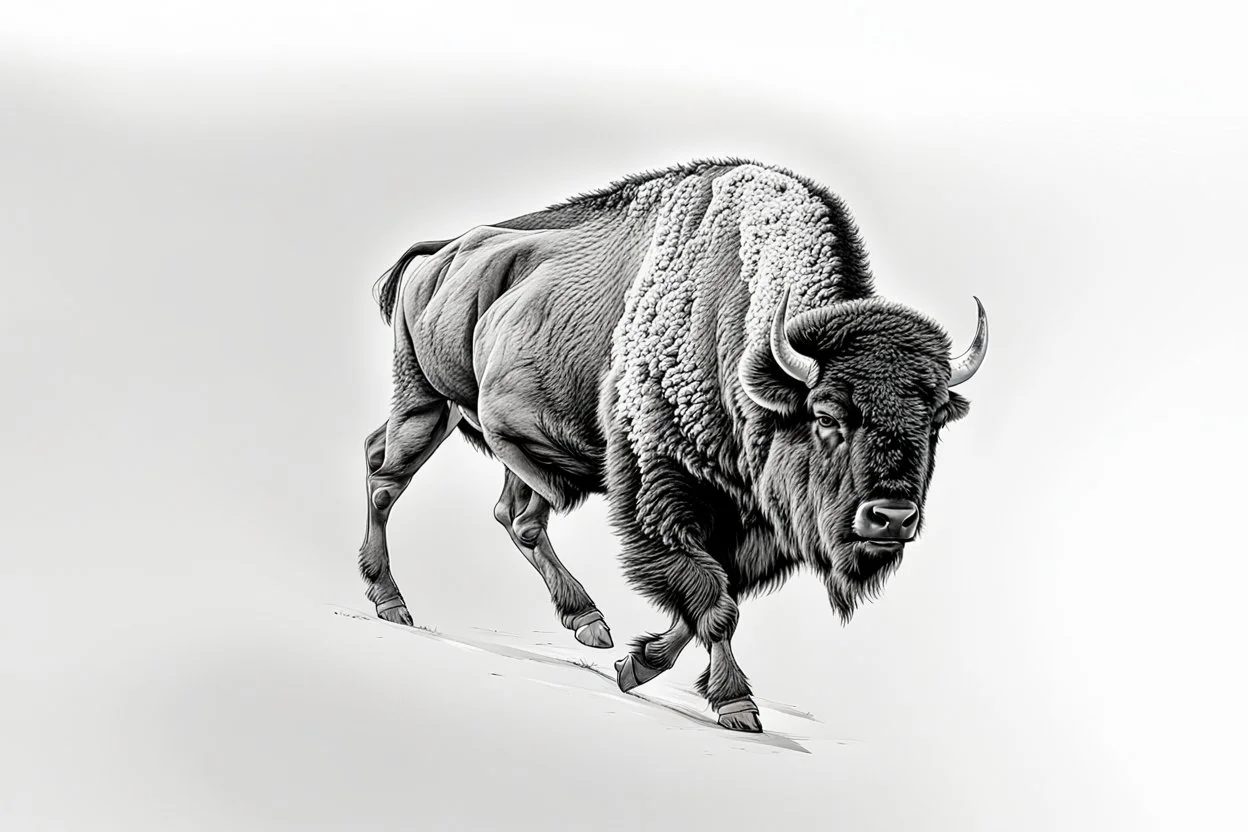 Bison walking towards viewer's right, on white background, fades out on the left