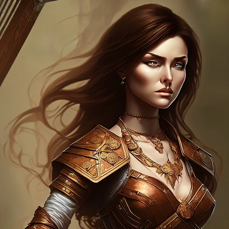 dungeons and dragons, female human, druid, brown hair, brown eyes, full body, realistic face, short hair, hair tied back, large nose, closed mouth