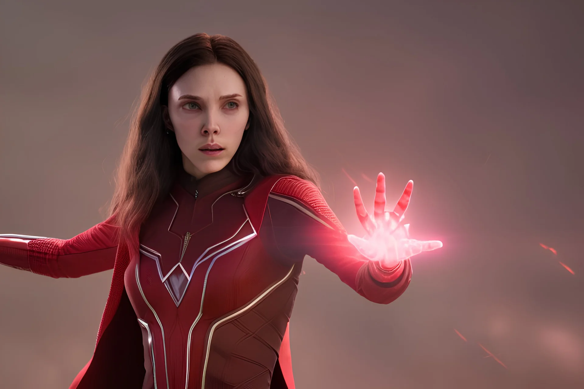 Wanda Maximoff, feiticeira escarlate usando traje vermelho de vestido, destruindo a realidade, governando o mundo, destruição, 4k render, dramático, cinematográfico, poderes destruindo tudo, expressão brava