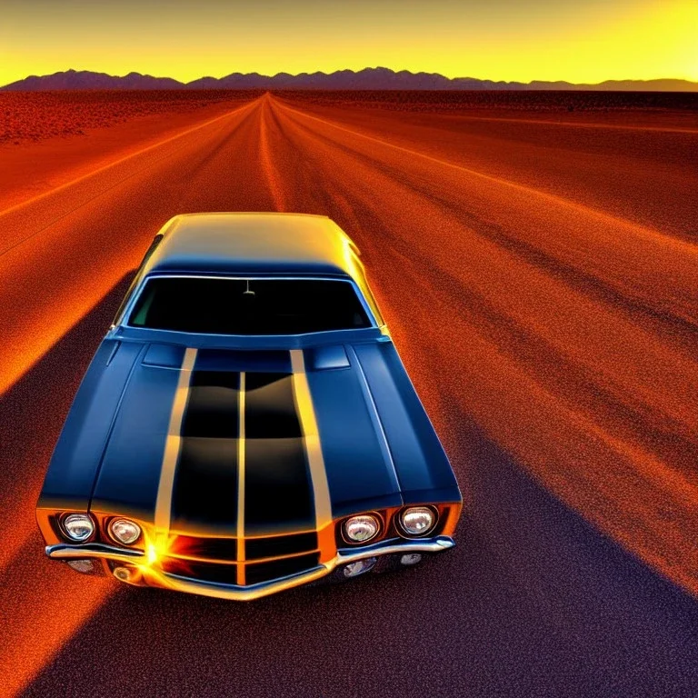 muscle car, desert road, sunset, full colour,