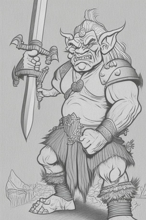 coloring book page of a gigantic troll holding a sword