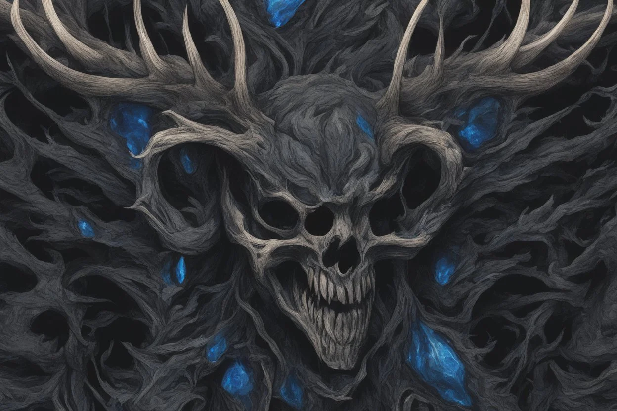 Venom Shadow symbiote in 8k realistic anime drawing style, Deer skull, non-eyes, blue neon crystal Antlers, dark snow forest, intricate details, highly detailed, high details, detailed portrait, masterpiece,ultra detailed, ultra quality