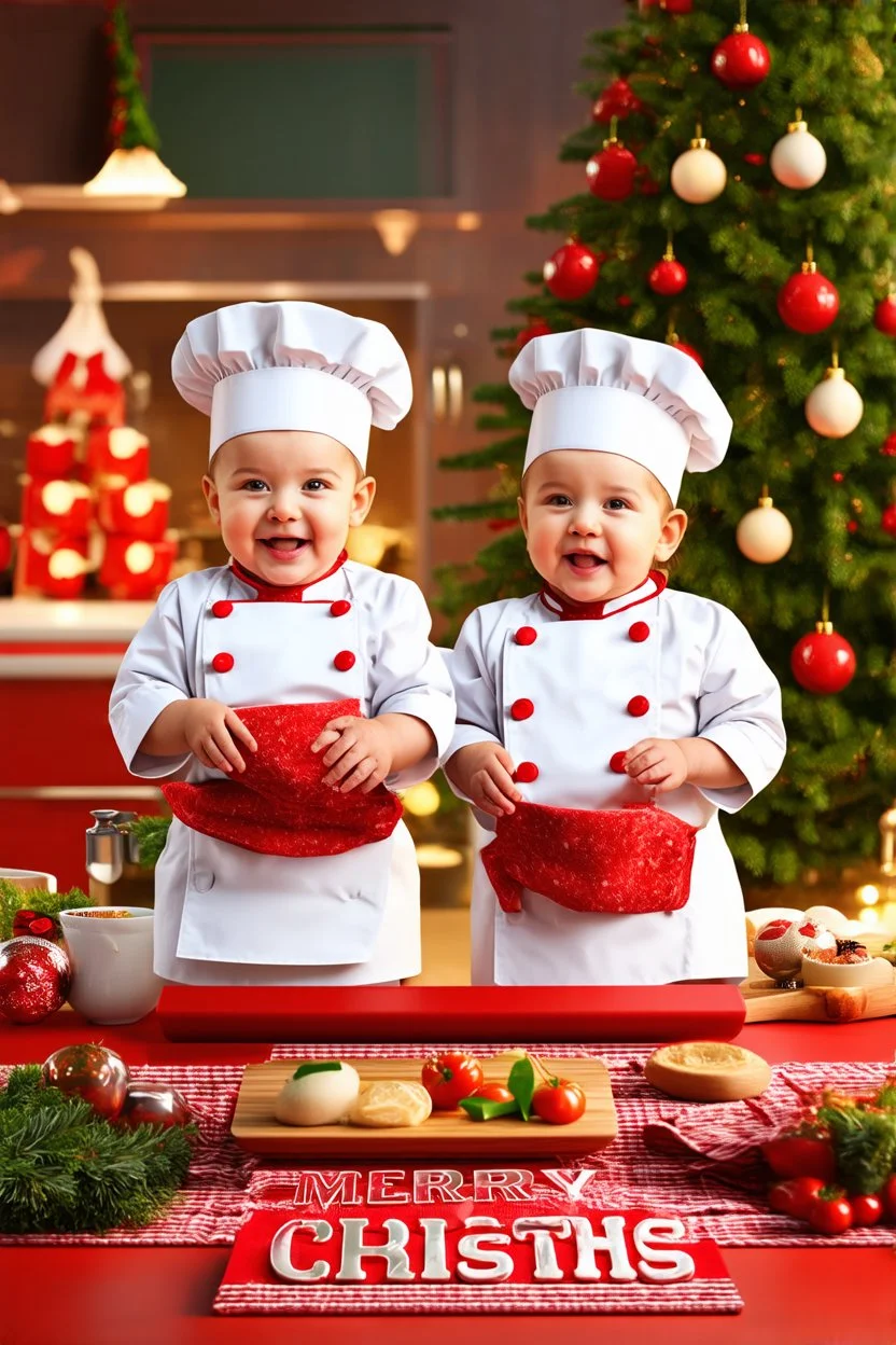 Hyperrealistic 3D images of beautiful 18-month-old babies dressed as chefs in a kitchen with a Christmas atmosphere, dancing and wishing a Merry Christmas.