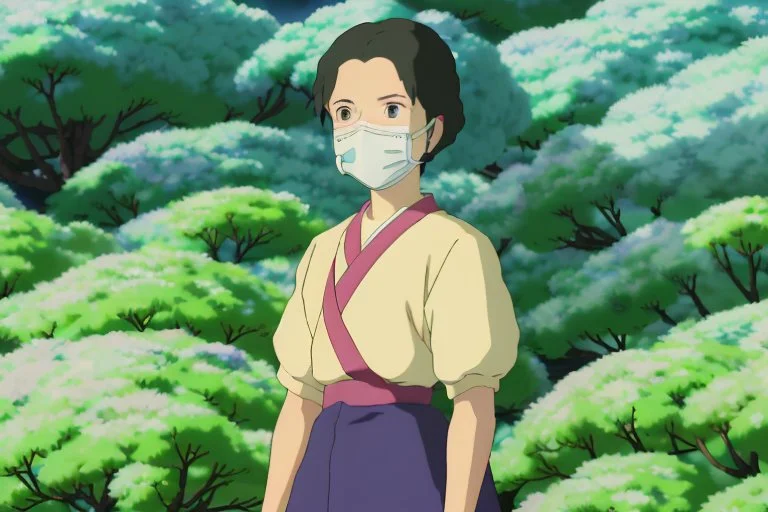 A young woman, Yui, is seen inside one of the biodomes tending to a variety of plant life. Her eyes reflect determination and spirit. She wears a respirator around her neck, a symbol of the harsh outside world and her chronic lung condition.