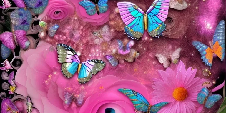 pink, crystals, flowers, glitter, pixies, butterflies, collage