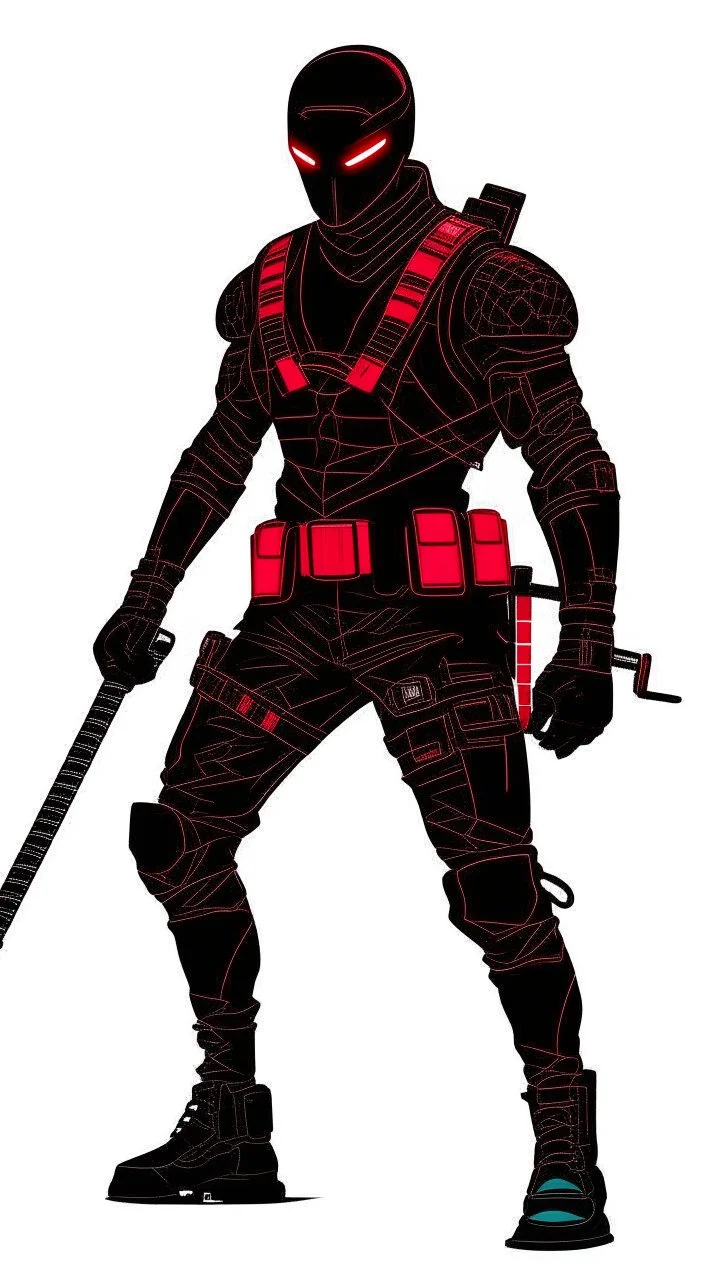 dibujo de contorno de un Ninja negro y rojo con traje cyberpunk full body