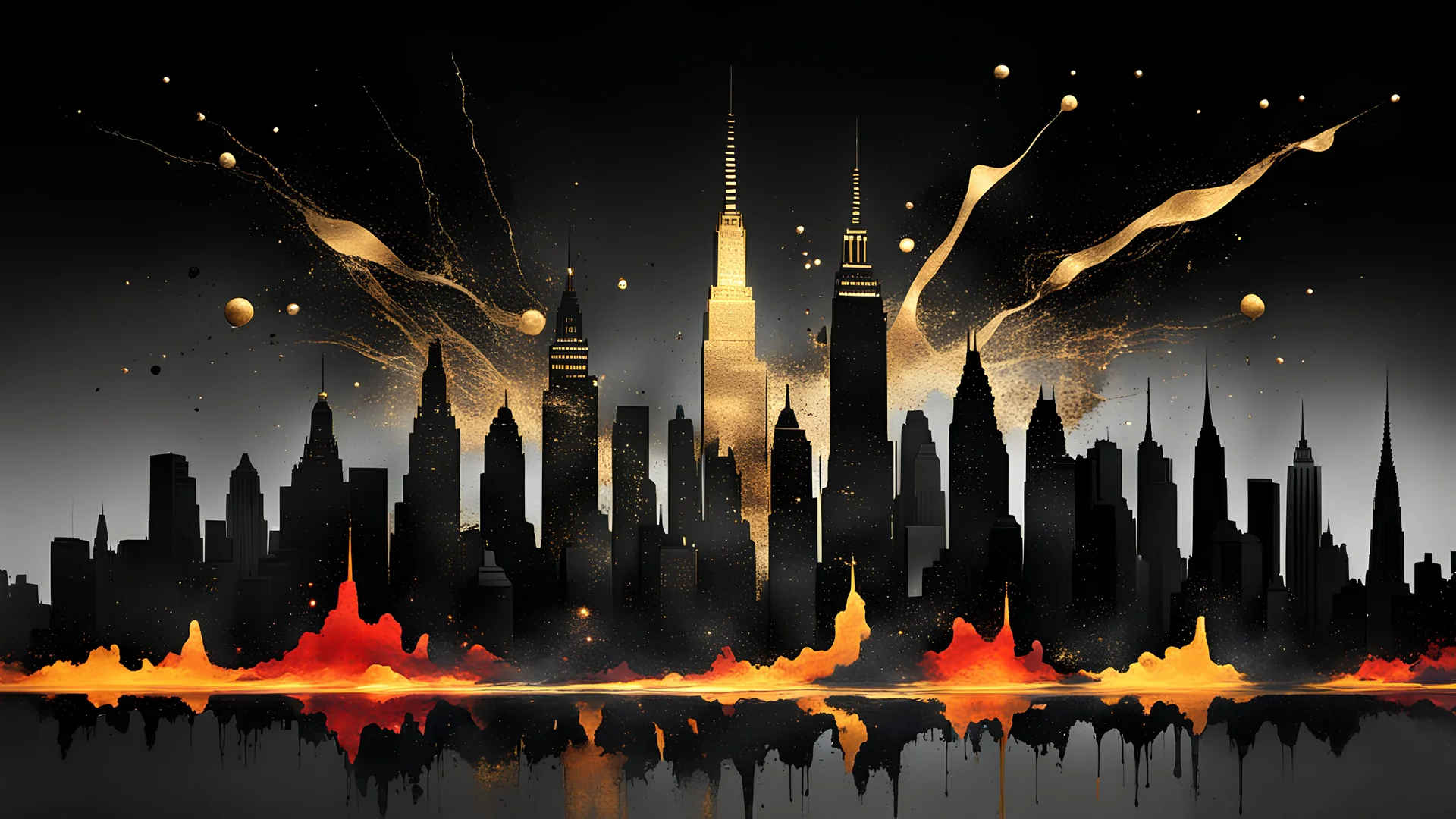 minimalism New York city 3D skyline, deep rich black and dark colors with a little gold and lava, magic lighting, fantasy abstract fashion beautiful, Surreal Enigma, creative, surrealism,imaginative,paint splatter, ripped canvas,dreaming mind, inspiration motivation, bauhaus minimalism