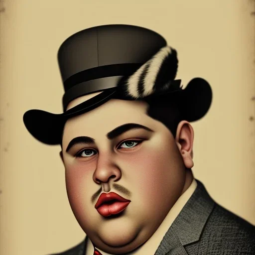 A 1930s Italian-American businessman in his 20s with a bowler hat and a tattered suit. He is obese and has a sad expression on his face. He is facing the screen.