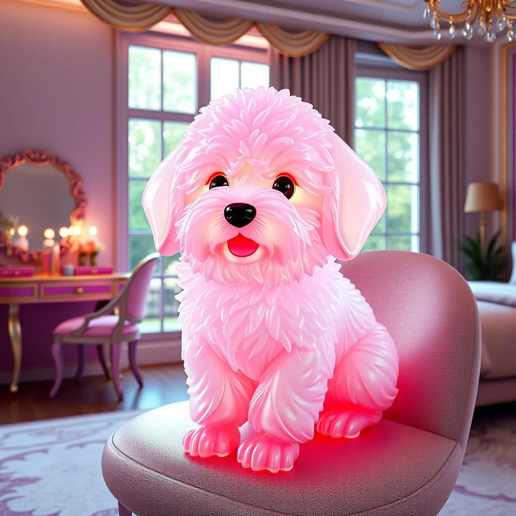 Generate image: A macro 3D render of a cute, lovely wooly dog,made of Translucent glossy jelly material, soft gelatinous appearance, smooth rounded surface, realistic subsurface scattering, internal light diffusion, subtle volumetric translucency, wet polished highlights, slightly reflective surface, soft rubbery-plastic texture, vibrant neon color, physically based shader, studio lighting, high-end CGI render.on a chair in a luxury bedroom next to makeup desk next to a open window to garden.