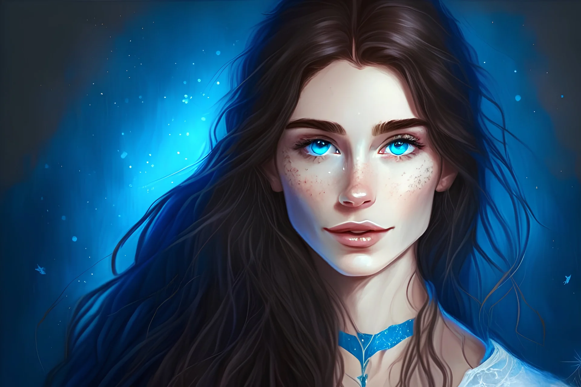 Portrait of a Brunette with slight freckles and blue eyes. In the Style of Charlie Bowater