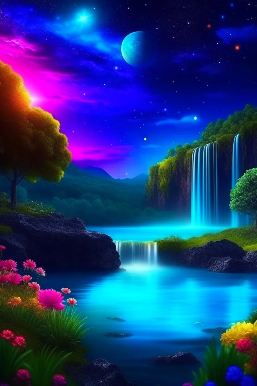 beautiful land in space,night lights,flowers,river,waterfall,trees