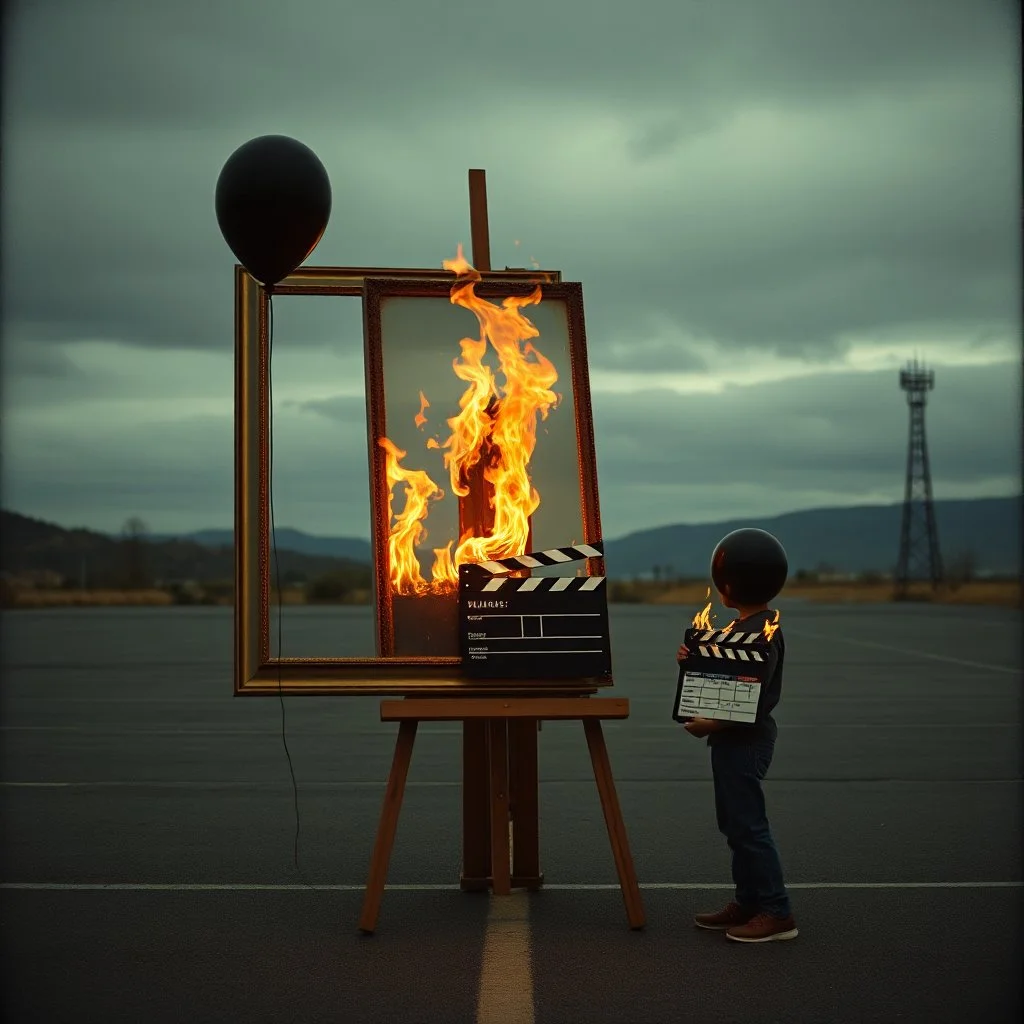 uncanney valley out of place, in a liminal parking lot a Picture frame on an easel is on fire; boy with a black balloon for a head holding a movie clapboard standing to the side of the easel, ominous radio tower in distance, grainy photograph with areas corrupted, surreal, sinister, profound, dramatic, uncanny valley