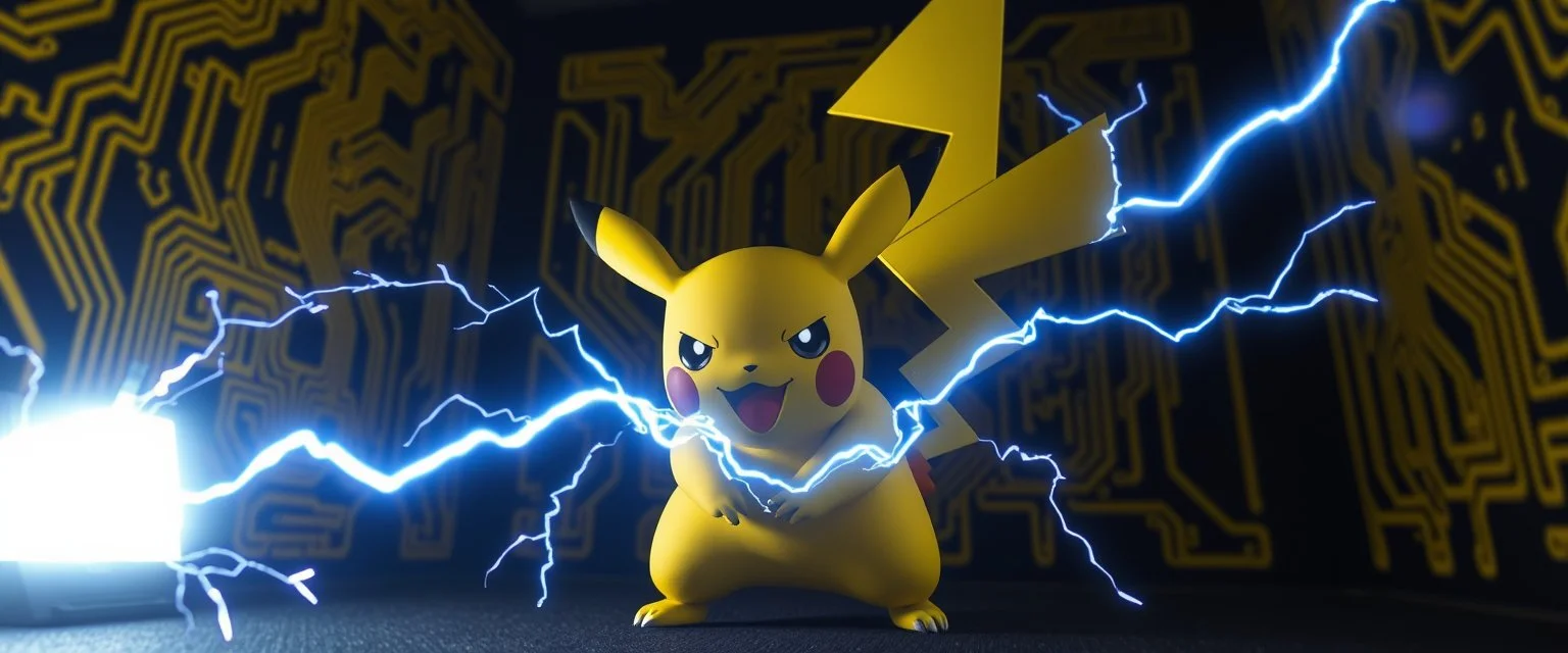 An electric Pokemon: Pikachu With Yellow Black Colors And A Zigzag Yellow Tail With angrily smiling and unleashing thunderbolt with electric waves from its back, At Dark Circuit room having yellow circuit patterned walls, at dark night Showing Dramatic AND Cinematic Ambiance.