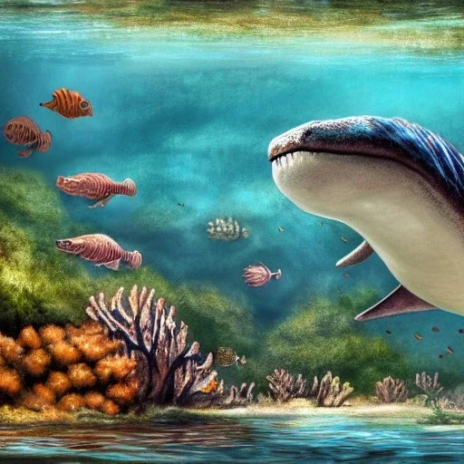 beautiful, stunning paleoart of mosasaurus swimming underwater with coral reefs, plants, wide-angle lens, julius csotony, eleanor kish, davide bonadonna, fabio pastor, paleoart, photorealistic, illustrative, digital art, 8k resolution, detailed matte, painting, artwork, masterpiece, jurrasic park