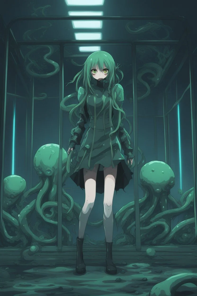 moody anime girl in a futuristic suit, Slime, mud, mucus, sludge, woman with tentacles, scared face trapped in a cage, feet point view,