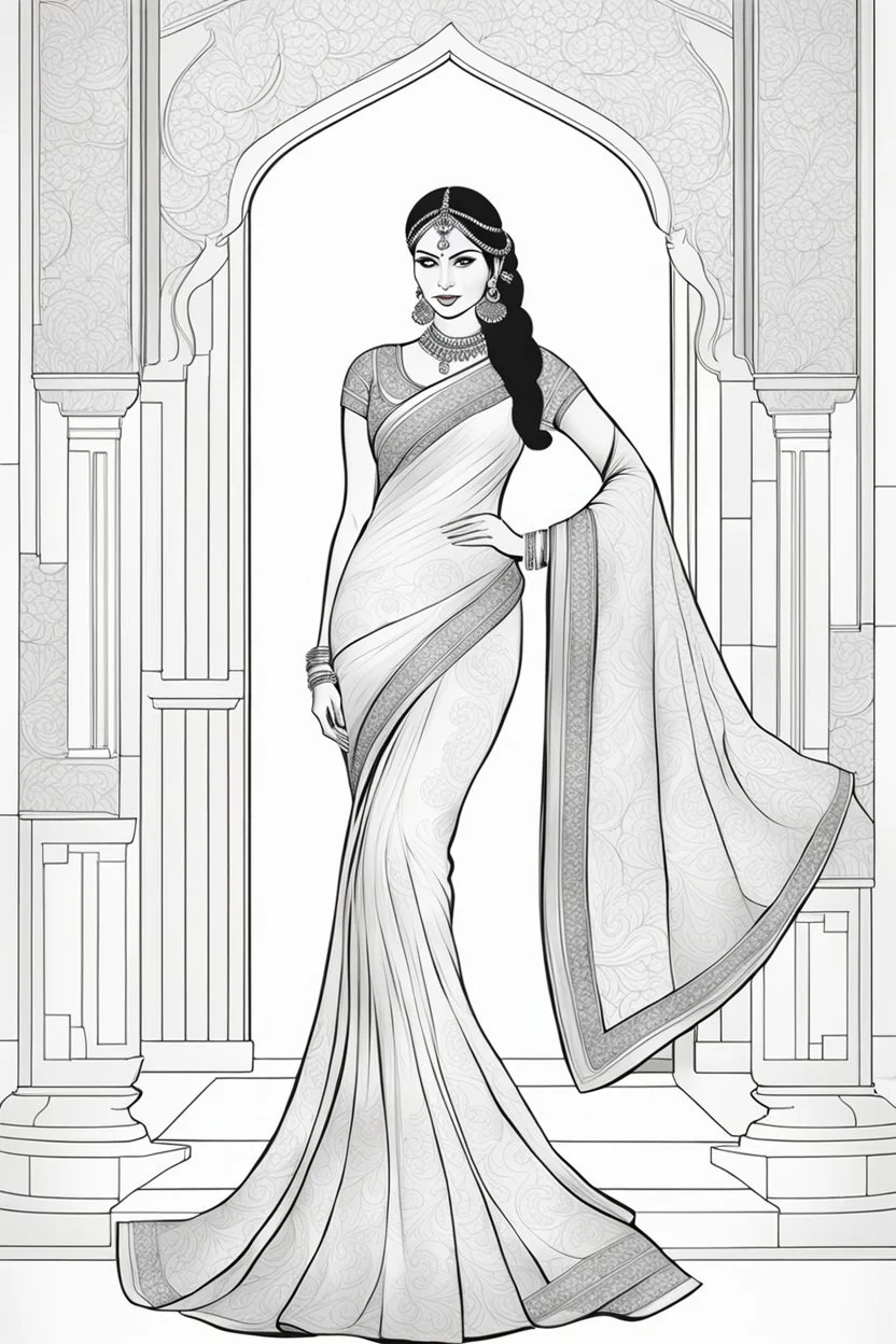 Coloring page for adults of a elegant fashion model woman wearing hindi dress, dynamic poses, full body portrait, thick and clean lines, clean details, no-color, no-turban, no-background, non color, non shading, no-grayscale, dynamic poses, full body portrait, thick and clean lines, clean details, no-color, no-turban, , non background, non color, non shading, no-grayscale, no color hair