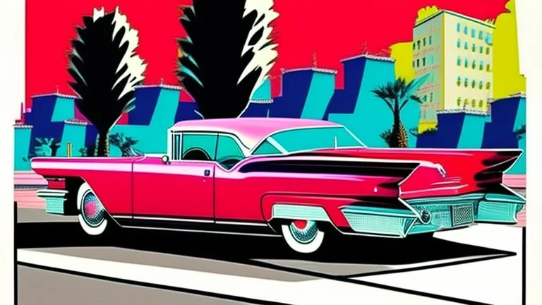 stalking a cadillac eldorado 1959 flammable in colorful palma de mallorca street,pop art,Andy Warhol,Roy Lichtenstein