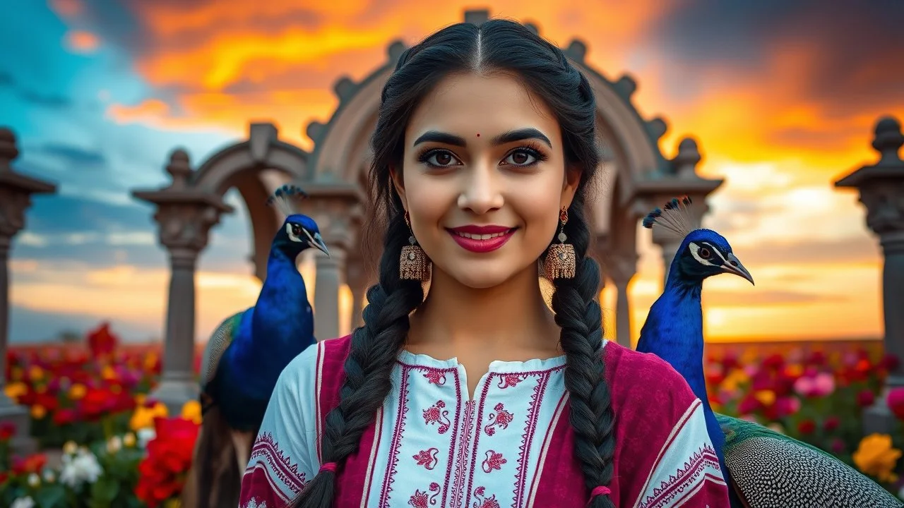 Hyper Realistic Photographic Close View Of A Beautiful Pashto Woman (With Beautiful Eyes Lips & Nose, & Long Black braid Hairstyle ; Wearing White Frock With Maroon & Purple Stripes & white embroidery) Happily Standing In A Beautiful Colorful Flower Garden With Fancy Stone Arches & Two Peacocks Around Her At Beautiful Cloudy Sunset Showing Dramatic & Cinematic Ambiance.