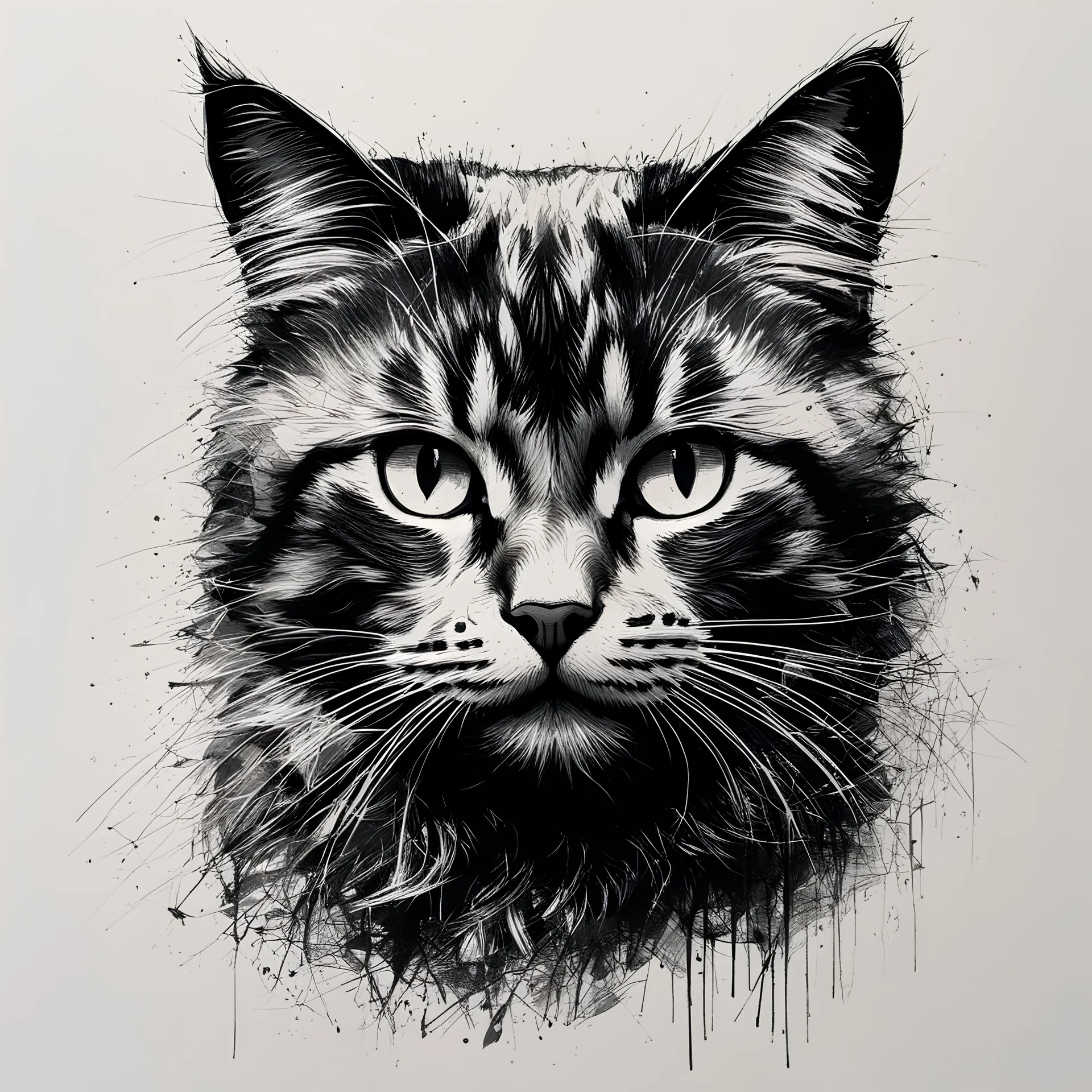 mixpnk style, scribbly scribbles pen and ink small line pencil sketch of head of an cat, intricate details and precisely drawn in style of jeremy mann