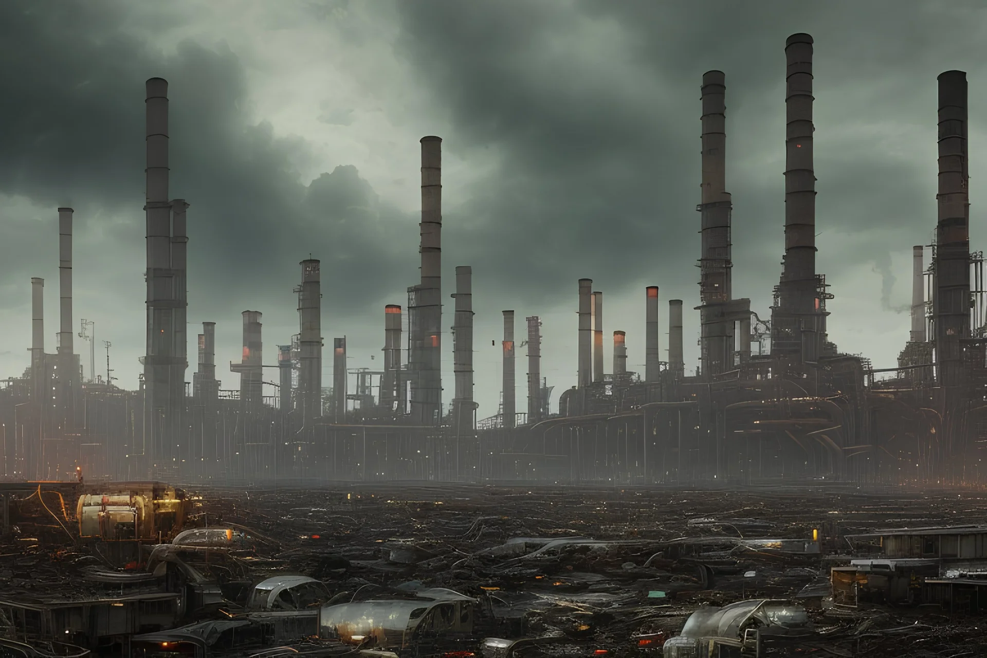 a sprawling industrial landscape with towering smokestacks, billowing dark clouds, and a polluted river. Machinery and discarded waste dominate the foreground, emphasizing the disregard for environmental sustainability. The atmosphere feels grim and desolate, evoking a sense of unease and concern.