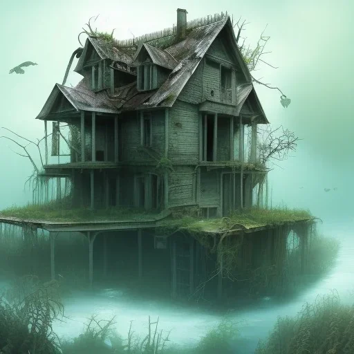 Abandoned house, overgrown, partially submerged,house interior, water inside