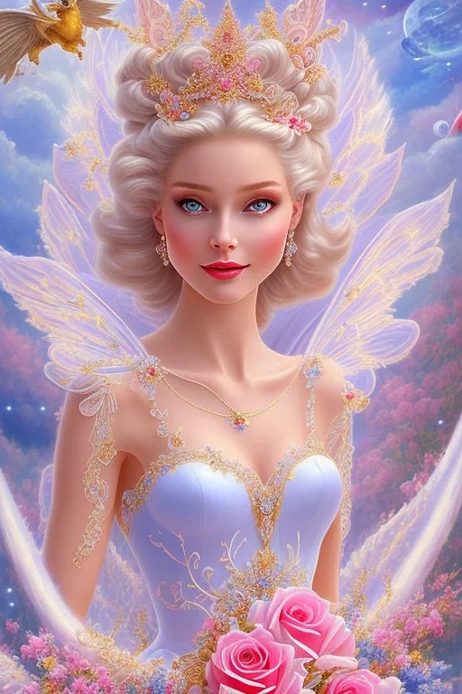 Magnifique woman, lady fairy, facing happy, voluptuous white, pink enchanted flowers, wings magic, long big dress, pink outerspace stars planets, Beautyful smiling, young woman, long hair amazing blue eyes, flowers, happy cosmic, bright colors, blue, pink, gold, jewels, realistic, photo real, clear sunny background, highly detailed, high contrast, 8k high definition, unreal engine 5, extremely sharp detail, light effect, sunny light background