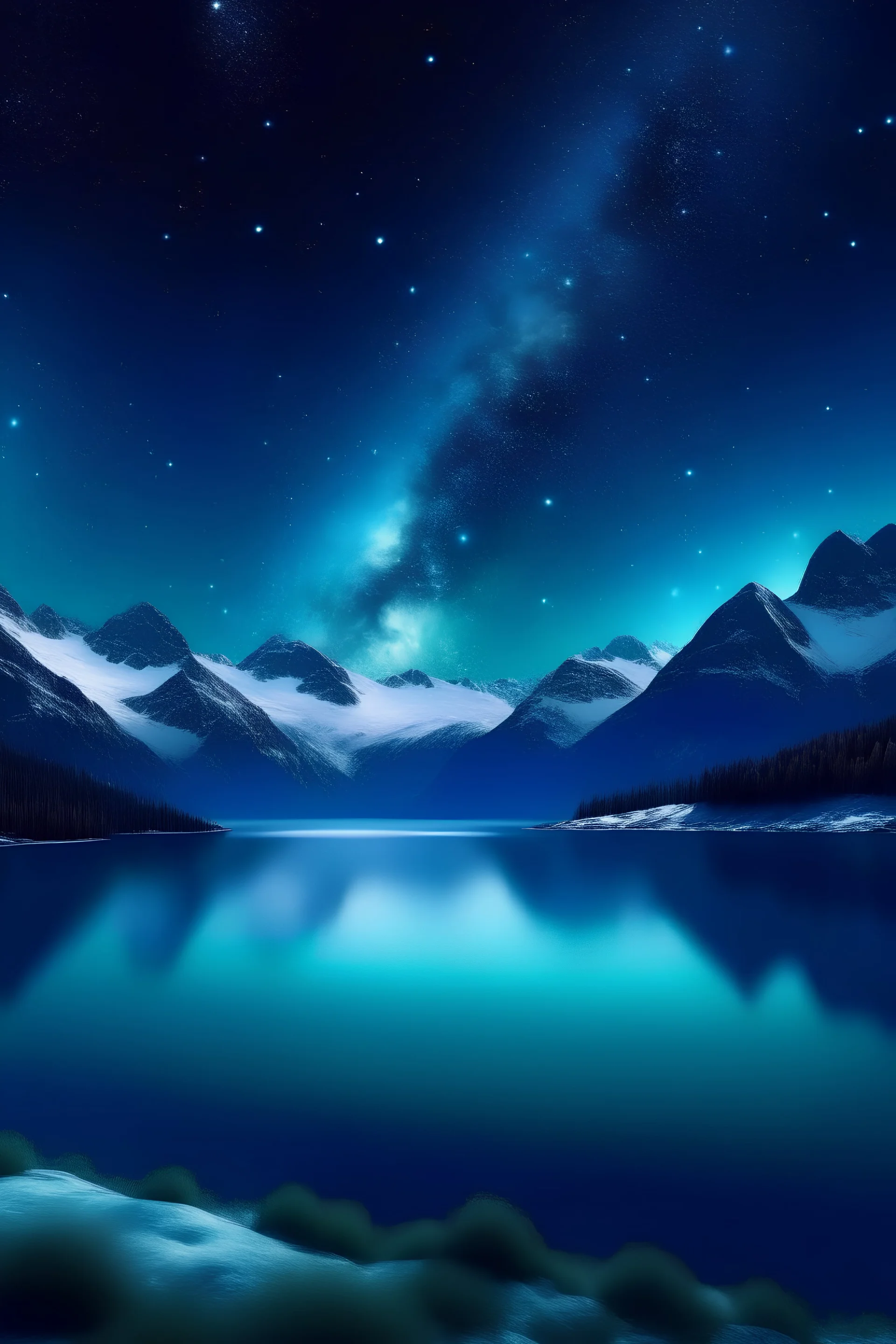 A blue lake, high mountains with snow on the top in the background, a starry night with a visible planet