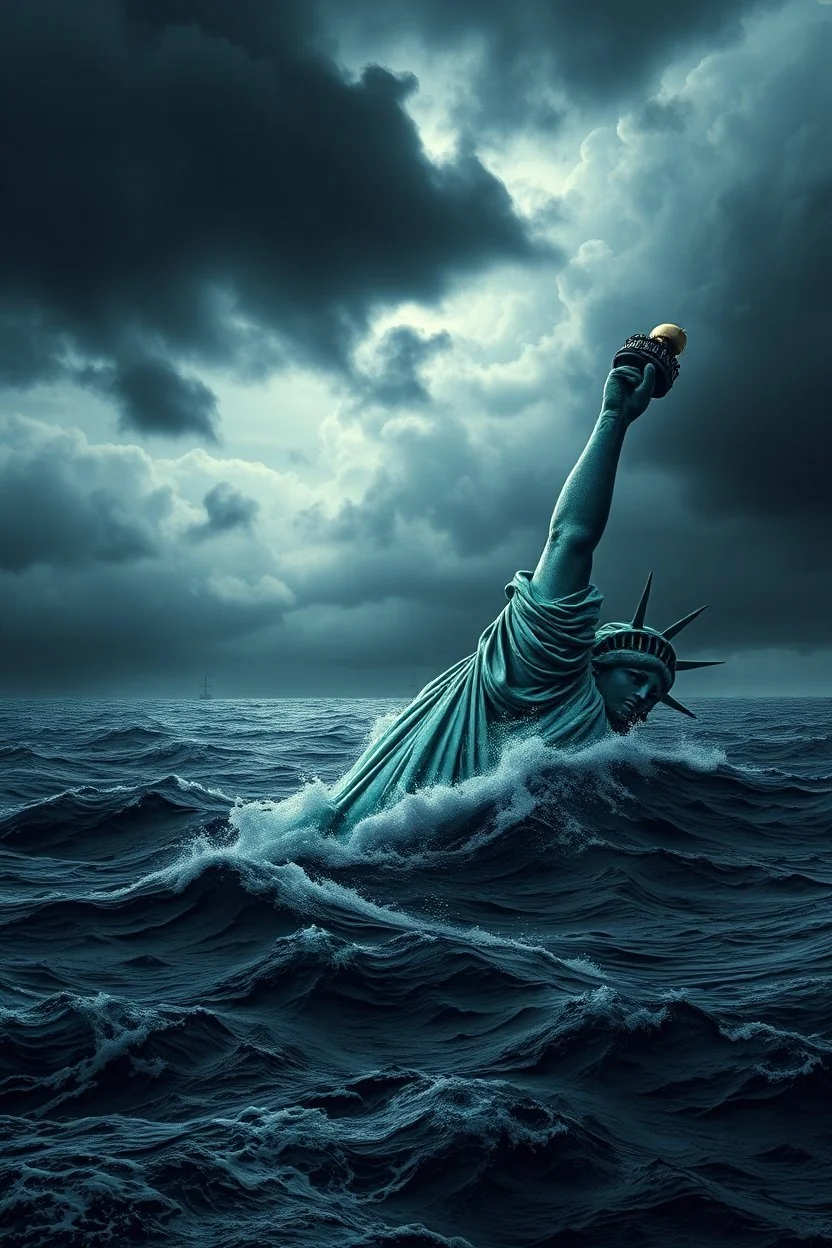 Hyperrealistic illustration half of the Statue of Liberty sinking in a vast ocean, with waves roughly lapping against it. The sky is dark and stormy, with heavy, ominous clouds swirling above. In the distance, surrounded , contrasting with the dramatic, turbulent atmosphere. The overall scene should be moody and surreal, with intricate textures on the statue is highlight its grandeur and mystery.