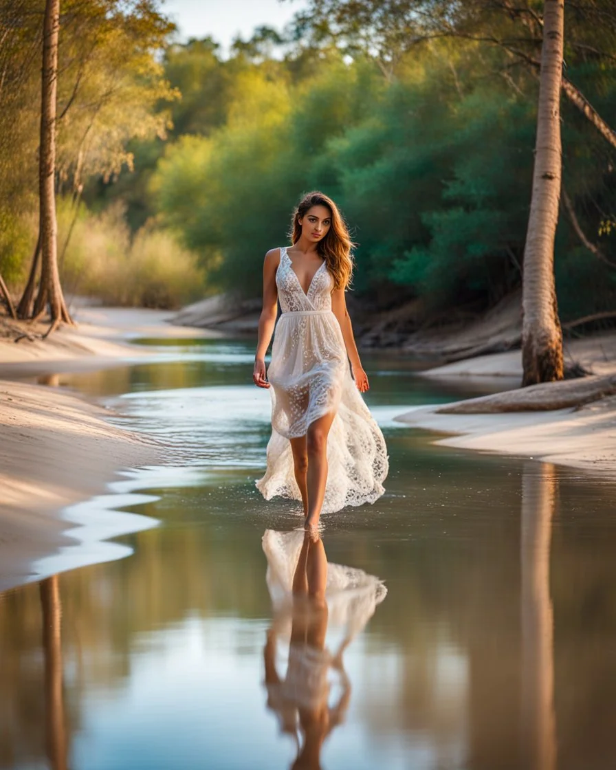 beautiful girl in pretty dress walking in water toward camera in trees next to wavy river with clear water and nice sands in floor.camera capture from her full body front