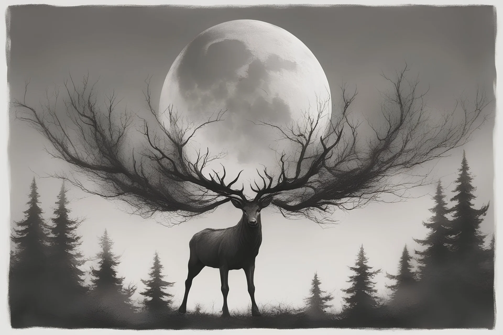 A realistic tattoo of a strong, noble Stagg running in a bleak forest with a blood moon overhead. Make it very abstract.