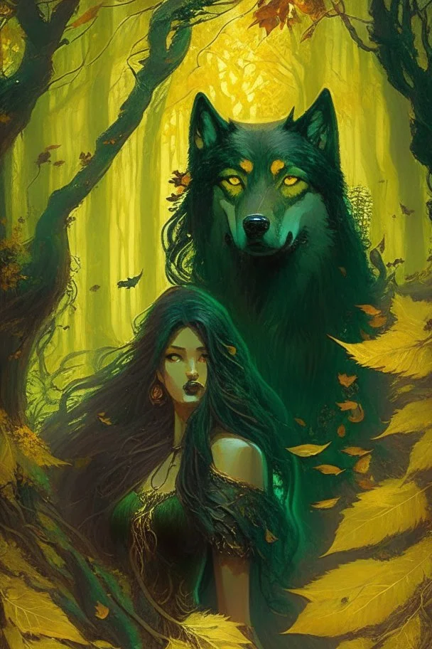 In the heart of a dense and enigmatic forest with towering ancient trees cloaked in emerald, yellow and amber foliage stands an ethereal beauty, her face is perfect, her lustrous hair cascading in ebony waves down to her slender waist in the background just the crimson eyes of a large demonic dog are visible