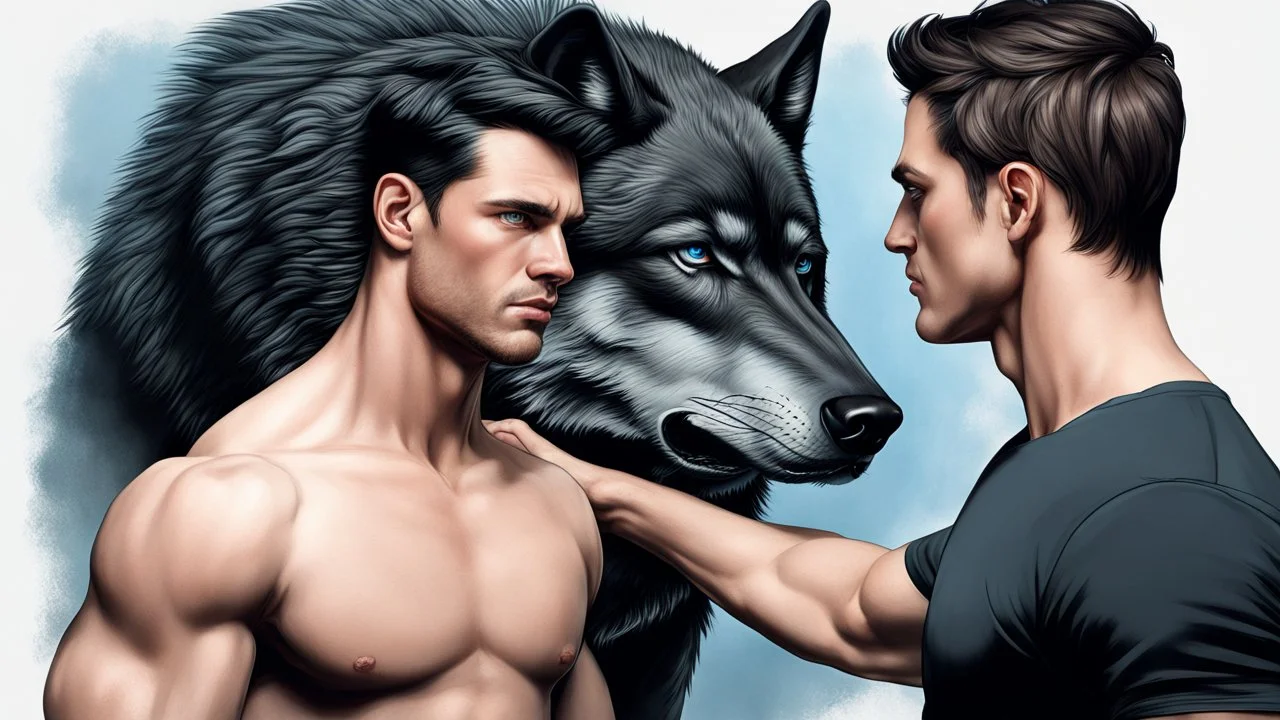 ultra realistic photograph of a muscular male with short dark hair and pale blue eyes wearing a loose black teeshirt facing a large black wolf