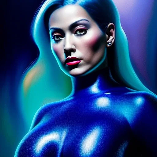 Ultra detailed fullbody Portrait in oil on canvas of beautiful fit mystique,wearing minimal skintight latex suit, extremely detailed digital painting, extremely detailed face,crystal clear Big Glowing eyes, mystical colors ,perfectly centered image, perfect composition, rim light, beautiful lighting, 8k, stunning scene, raytracing, anatomically correct, in the style of robert e howard and Ken Kelley and Ohrai Noriyoshi and Simon Bisley and tomzj1