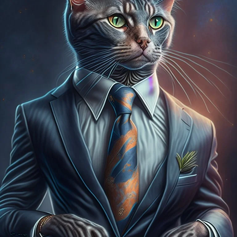 Illustrative sketch of a image of an humanoid cat, suit and tie, arte lineal ultra quality, 8k