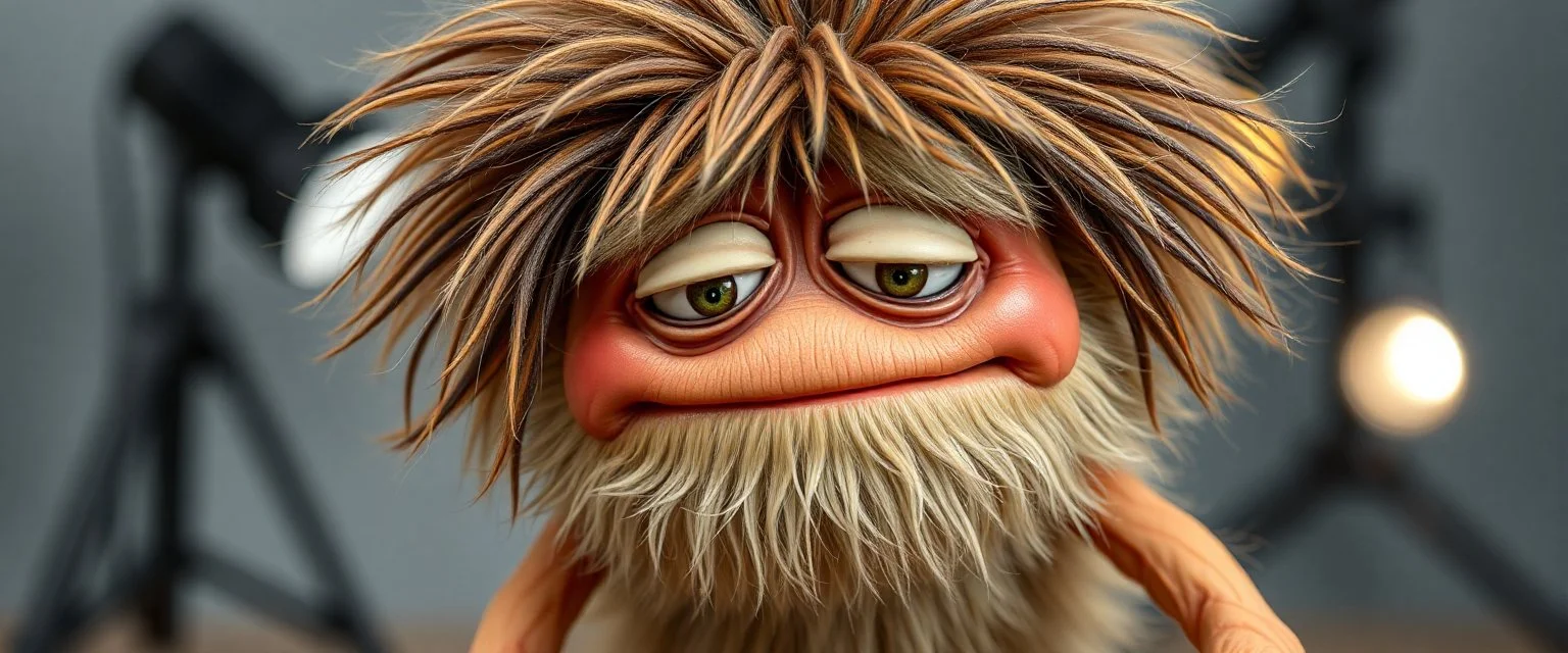 close up portrait of hairy fluffy polymer clay cute happy worried monster with realistic human colored and textured skin, and long sleek limbs and with studio lights