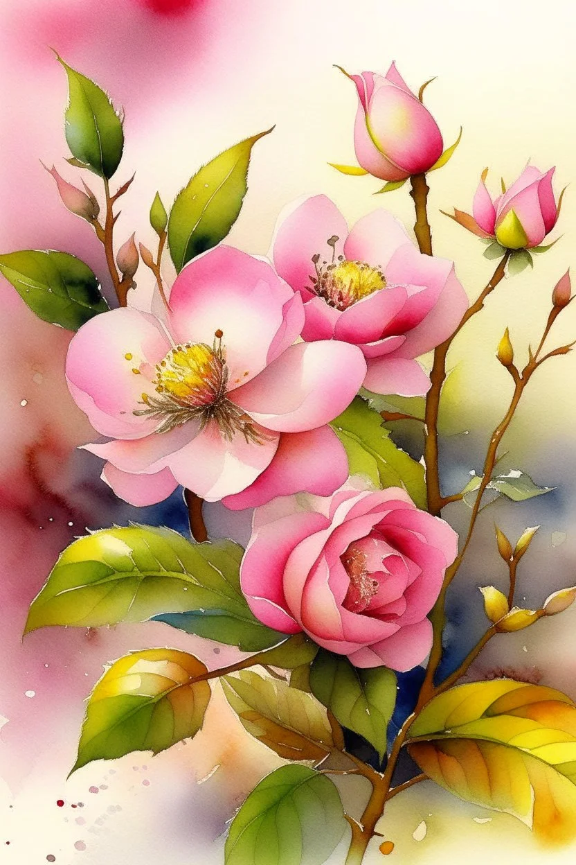 English watercolor, ink drawing. A bush of blooming pink and white rosehip in full size in height. A small drawing. Glitter, small diamond sequins. Pink, silk, milk, mother of pearl. Foliage. The background is a hazy haze. Softness, tenderness, SGI, octane rendering, megapixel extension 1028k ultra HD. volumetric, 5d, blue background