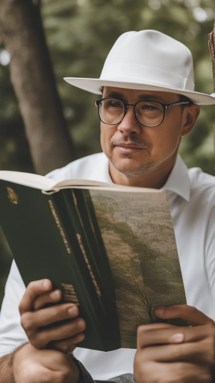 A man wears a white Dad Hat and wears glasses and is busy reading with a tree behind him, high resolution, and the image focuses on the Dad Hat