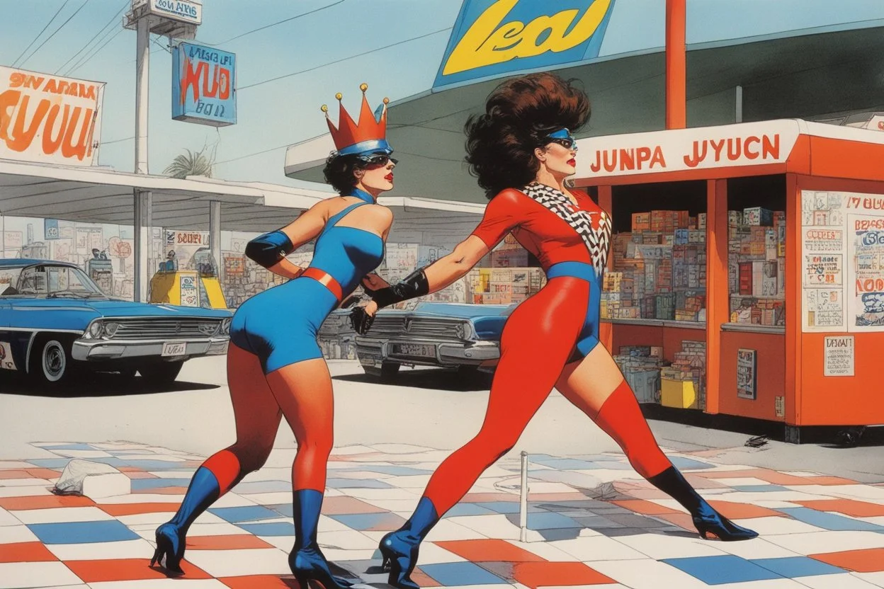 one woman in bright colorful and checkered (high res photo by Ralph Steadman in the 70ties) super heroine in leotard (chevron, lycra, nylon, spandex, tights) stops a massive violent thief at a gas stations, she is the queen of jujustu